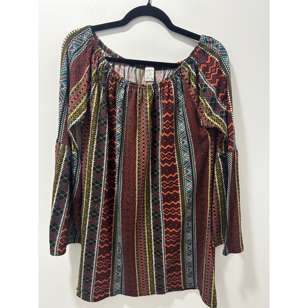 WinWin Bell Sleeve Tunic Top Women L XL Geometric Tribal Print Boho Red Orange